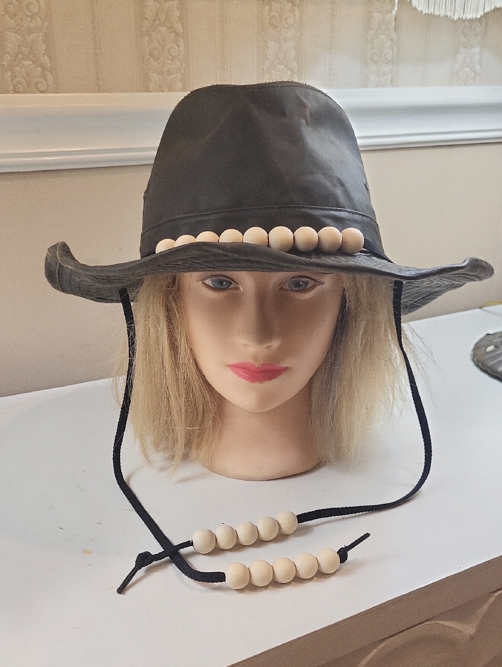 DPC Wide-Brim Beaded Country Hat with Chin Cord